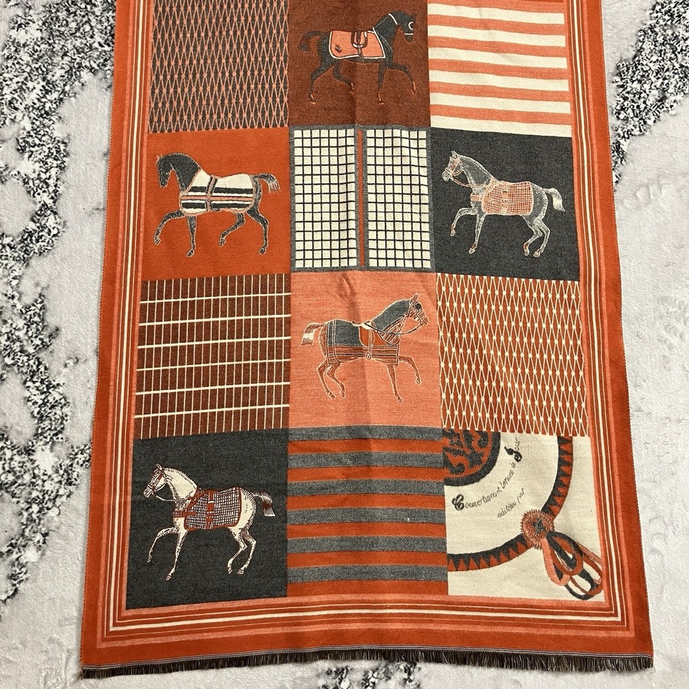 Equestrian Horse Print‎ Scarf Orange Gray Square Scarf Lightweight Wrap - Picture 3 of 9